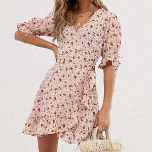 Wednesday's Girl mini wrap dress with tie sleeves in a ditsy floral print